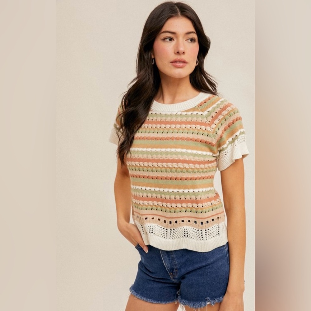 New Hem & Thread Crochet Multi Striped Sweater Knit Top